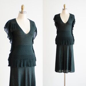 70s 80s vtg dark green‎ ruffled sleeveless sweater skirt 2 piece set